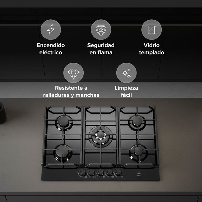 Parrilla de gas 5 quemadores 88 cm en vidrio templado premium - negro