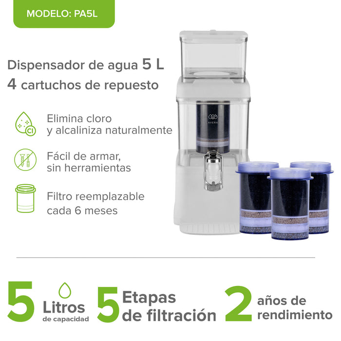 Combo Filtro dispensador de agua 5 L con 4 cartuchos de repuesto - 2 años de rendimiento