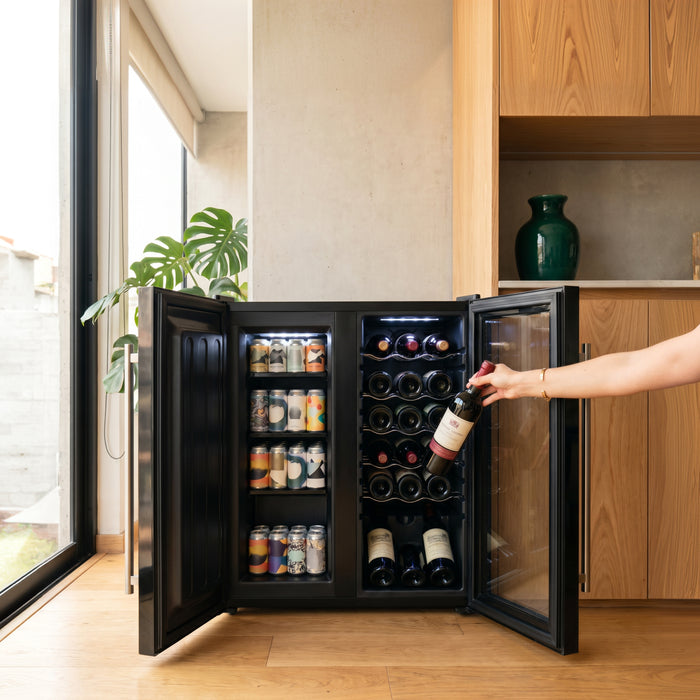Cava de vinos 18 botellas con congelador de 36 L, 3 en 1 con doble zona de temperatura 92 L 3.24 pies cúbicos