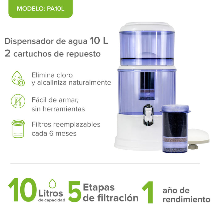 Combo Filtro dispensador de agua 10 L con 2 cartuchos de repuesto - 1 año de rendimiento