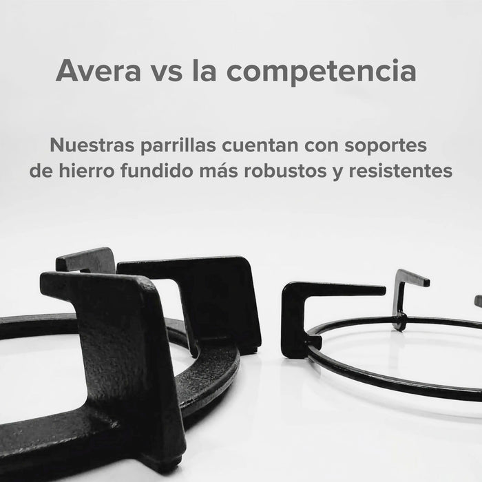 Comparativa de soportes de hierro fundido robustos de parrilla Avera vs soportes delgados de la competencia.