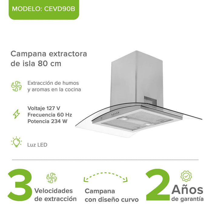 Campana de cocina de isla curva 90 cm acero inoxidable y vidrio templado