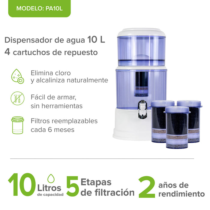 Combo Filtro dispensador de agua 10 L con 4 cartuchos de repuesto - 2 años de rendimiento