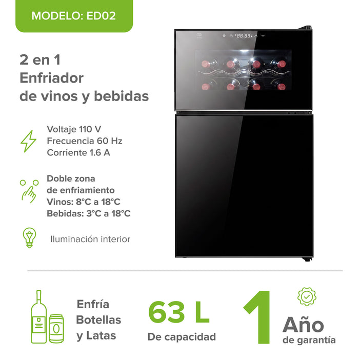 Cava de vinos y enfriador de bebidas 2 en 1 para 8 botellas y 36 latas, doble zona de temperatura 63 L