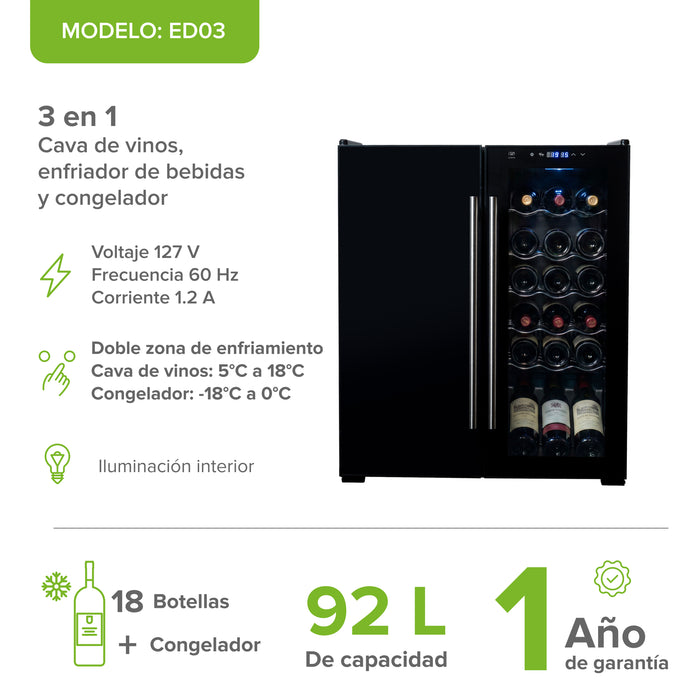 Cava de vinos 18 botellas con congelador de 36 L, 3 en 1 con doble zona de temperatura 92 L 3.24 pies cúbicos