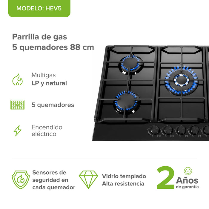 Parrilla de gas 5 quemadores 88 cm en vidrio templado premium - negro