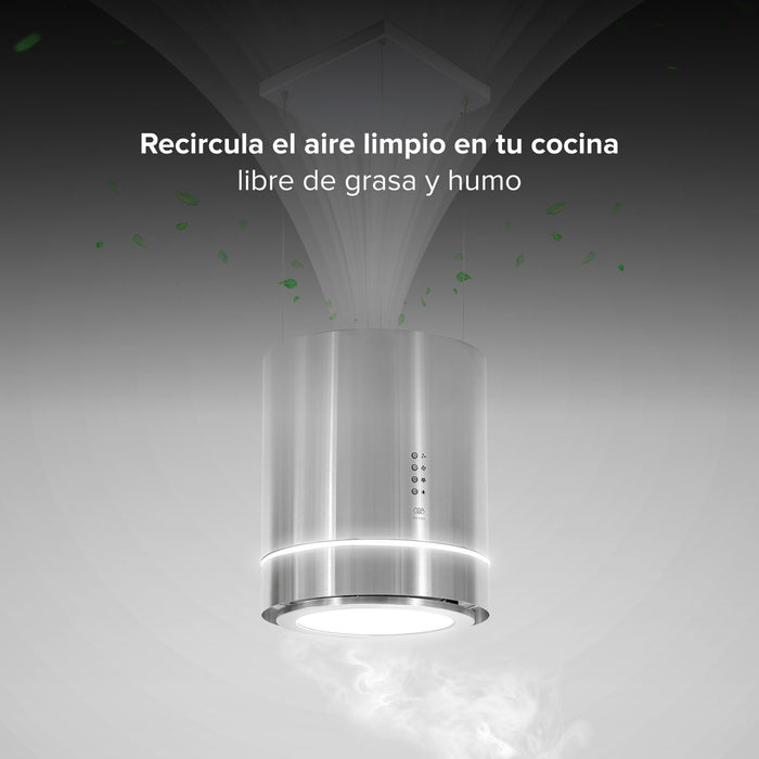 Campana de cocina para isla colgante cilíndrica 38 cm con lámpara decorativa, 850 m3/h de extracción acero inoxidable