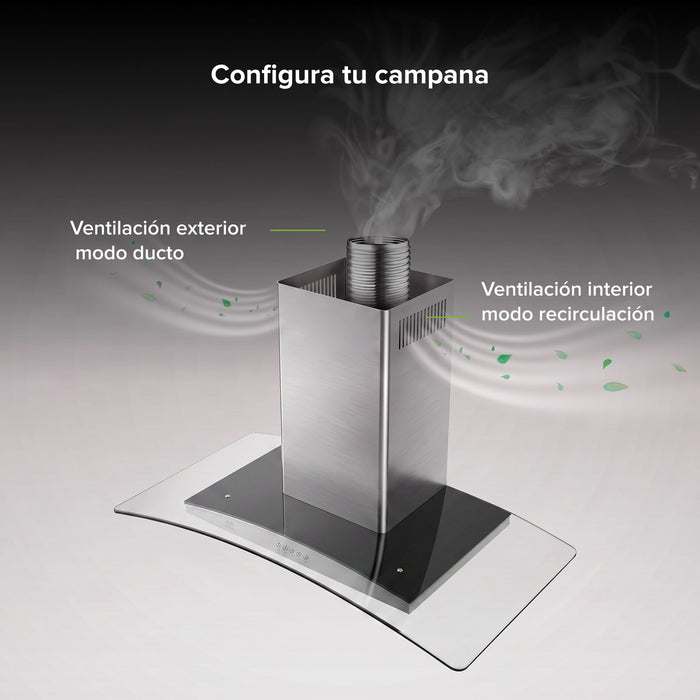 Campana de cocina para isla curva 76 cm, 780 m3/h de extracción acero inoxidable y vidrio templado, acero inoxidable