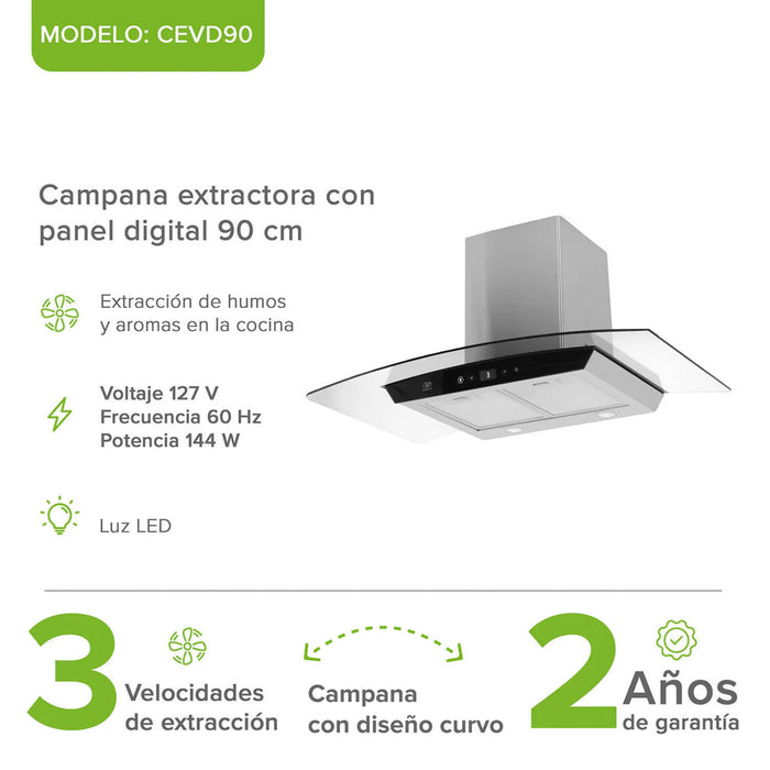 Campana de cocina de pared curva 90 cm en acero inoxidable y vidrio templado con panel digital