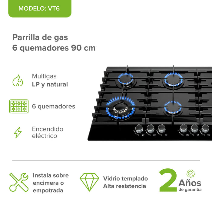 Parrilla de gas 6 quemadores 90 cm en vidrio templado premium - negro