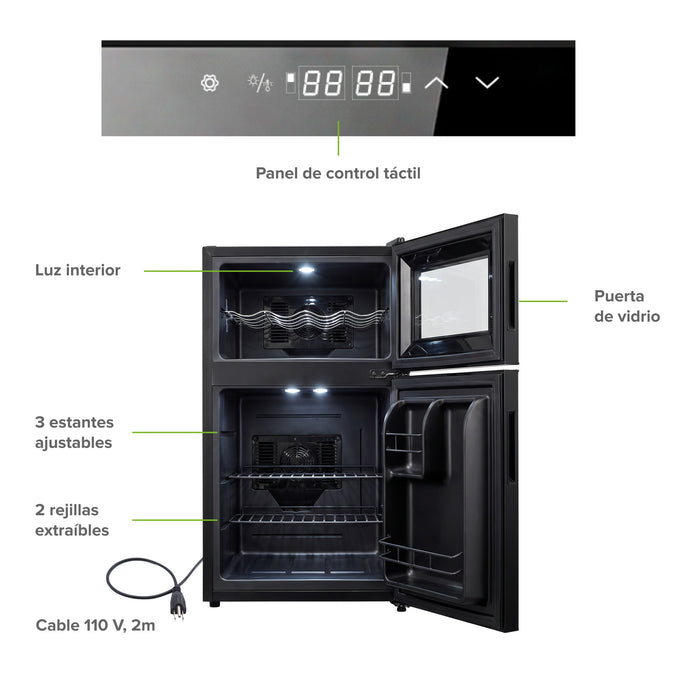 Cava de vinos y enfriador de bebidas 2 en 1 para 8 botellas y 36 latas, doble zona de temperatura 63 L