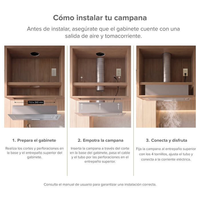 Campana de cocina empotrable oculta 80 cm, 270 m³/h de extracción, acero inoxidable