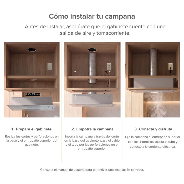 Campana de cocina empotrable oculta 90 cm, 270 m³/h de extracción, acero inoxidable