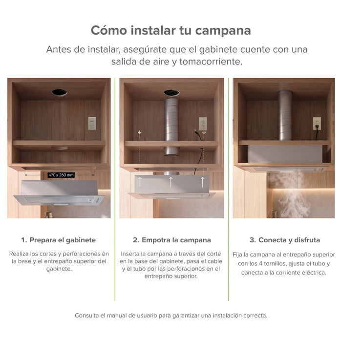 Campana de cocina empotrable oculta 60 cm, 270 m³/h de extracción, acero inoxidable