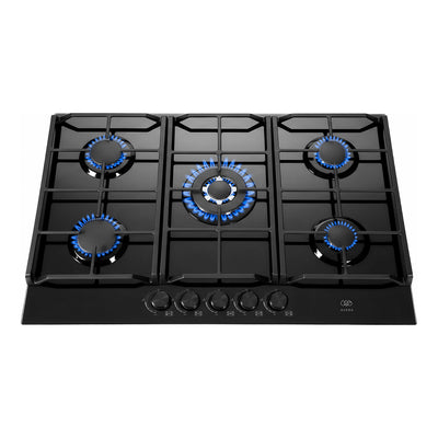 Parrilla de gas 5 quemadores 88 cm en vidrio templado con seguridad inteligente anti-fugas - negro