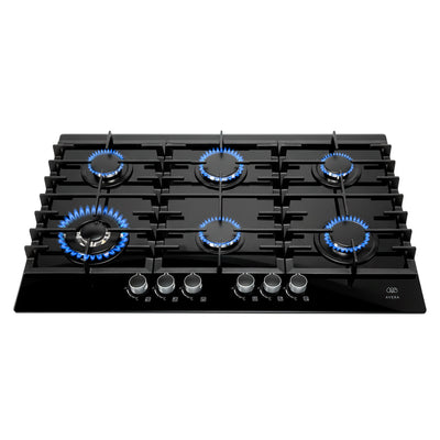 Parrilla de gas 6 quemadores 90 cm en vidrio templado - negro