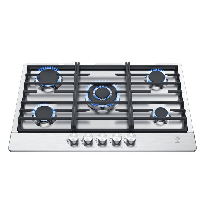 Combo Parrilla de gas 5 quemadores + Campana pared con cristal templado 76 cm