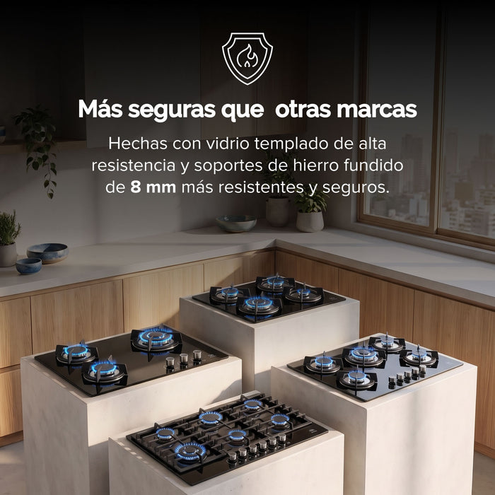 Parrilla de gas 5 quemadores 77 cm en vidrio templado con soporte circular - negro