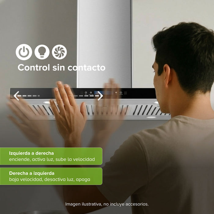 Campana de cocina para isla tipo T 76 cm, 800 m3/h de extracción control táctil y de gestos, acero inoxidable