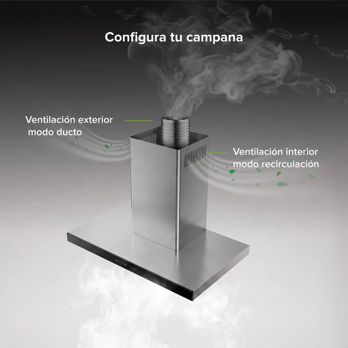 Campana de cocina para isla tipo T 76 cm, 800 m3/h de extracción control táctil y de gestos, acero inoxidable