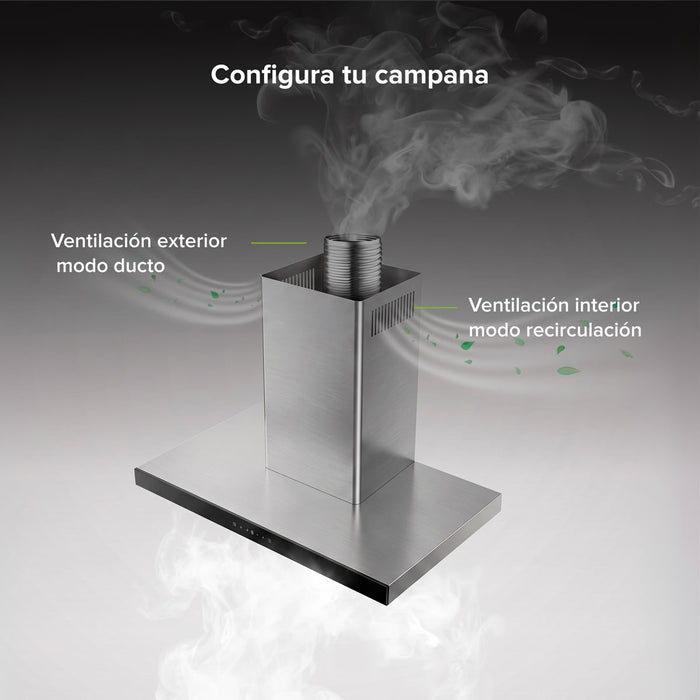 Campana de cocina para isla tipo T 90 cm, 780 m3/h de extracción control táctil y de gestos, acero inoxidable
