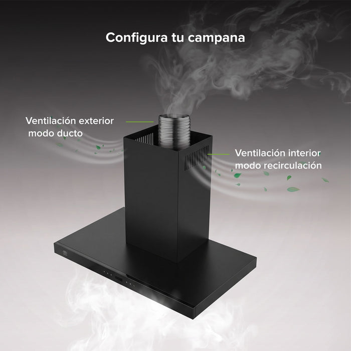 Campana de cocina para isla tipo T 76 cm, 780 m3/h de extracción control táctil y WiFi con temporizador, acero inoxidable - negro
