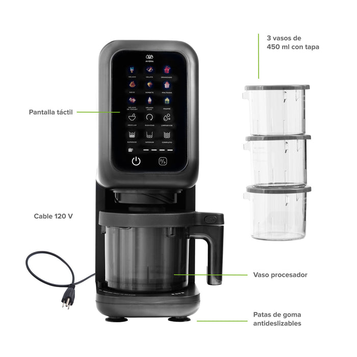 Máquina de helados Avera negra con pantalla táctil, 3 vasos de 450ml y cable 120V. Ideal para helados, sorbetes y frappes.