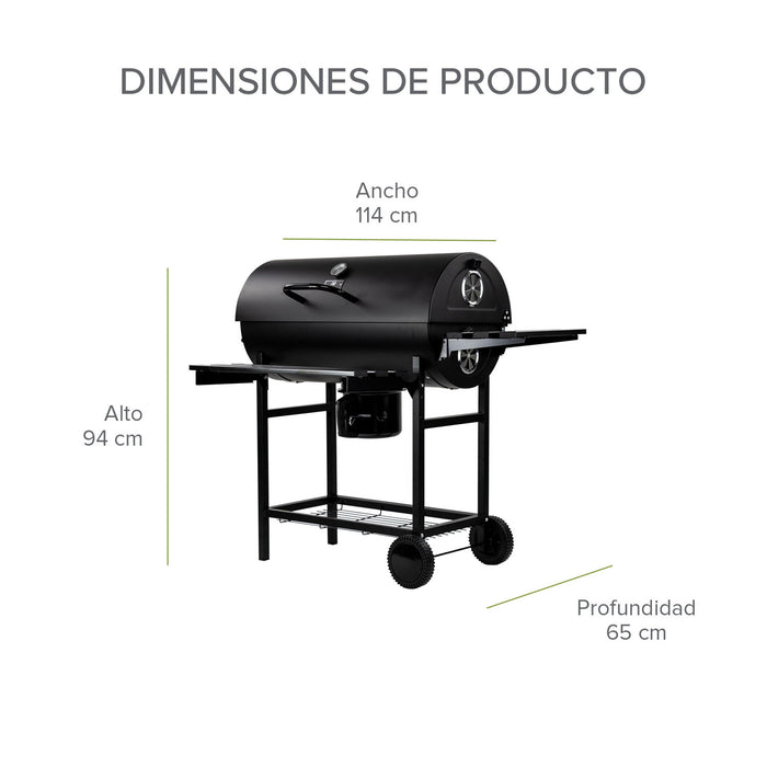 Asador de carbón tipo tambor con bandeja de cenizas removible, termómetro y mesa lateral
