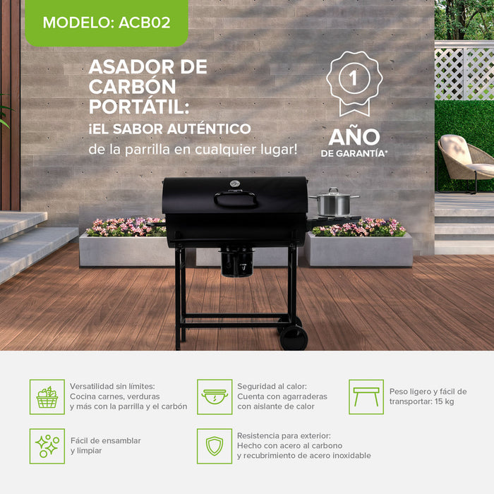 Asador de carbón tipo tambor con bandeja de cenizas removible, termómetro y mesa lateral
