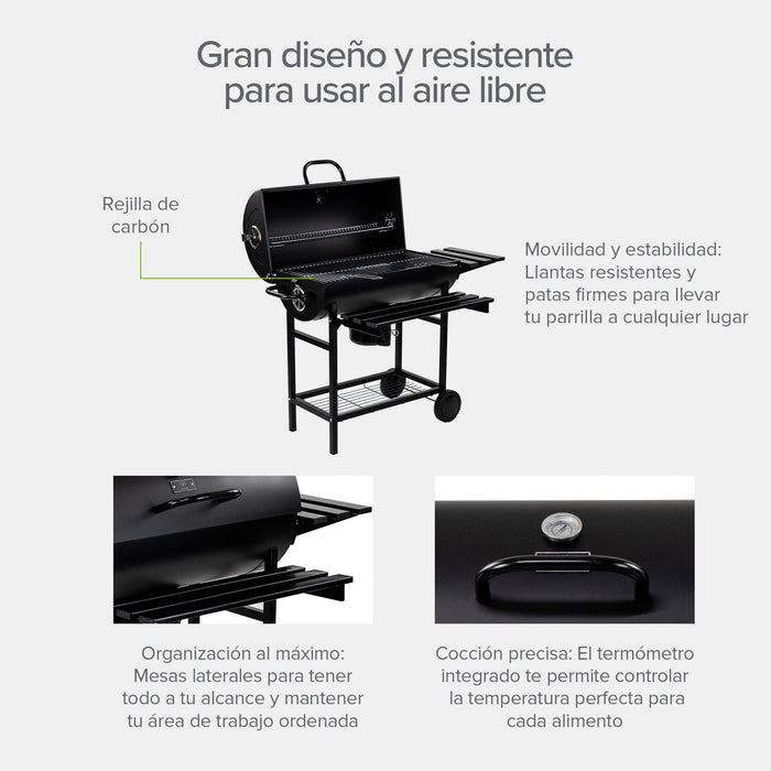 Asador de carbón tipo tambor con bandeja de cenizas removible, termómetro y mesa lateral