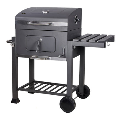Asador de carbón con elevador de parrilla, puerta para carbón y mesa lateral