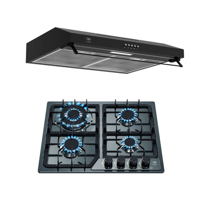 Combo Parrilla de gas 4 quemadores acero inoxidable negro 58 cm + Campana de pared negra 60 cm