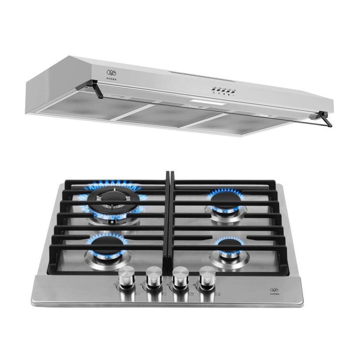 Combo Parrilla de gas 4 quemadores 58 cm perillas centrales + Campana de pared 60 cm