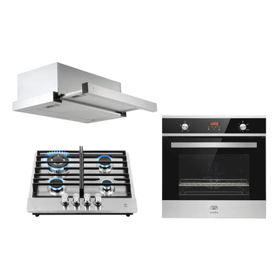 Tricombo Parrilla de gas 4 quemadores acero inoxidable 58 cm + Campana de pared extraible 60 cm + Horno gas LP 58 L