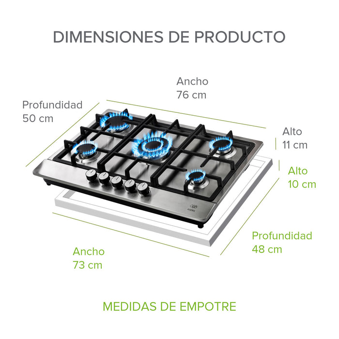 Parrilla de gas 5 quemadores 76 cm en acero inoxidable y quemador central