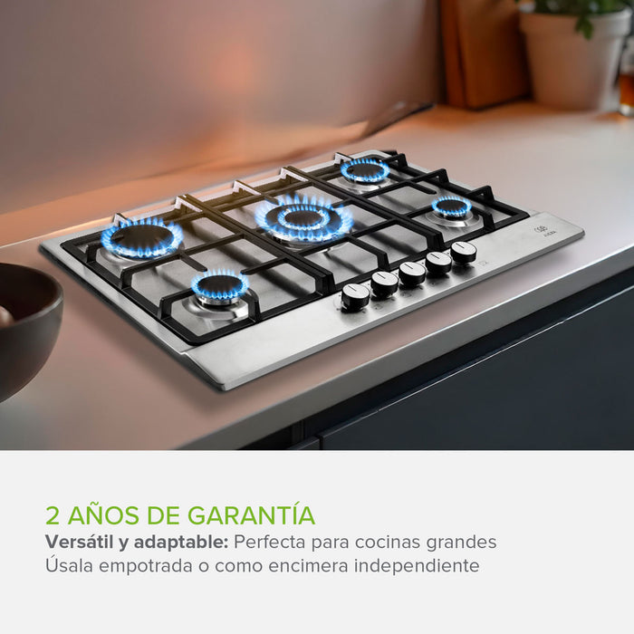Parrilla de gas 5 quemadores 76 cm en acero inoxidable y quemador central