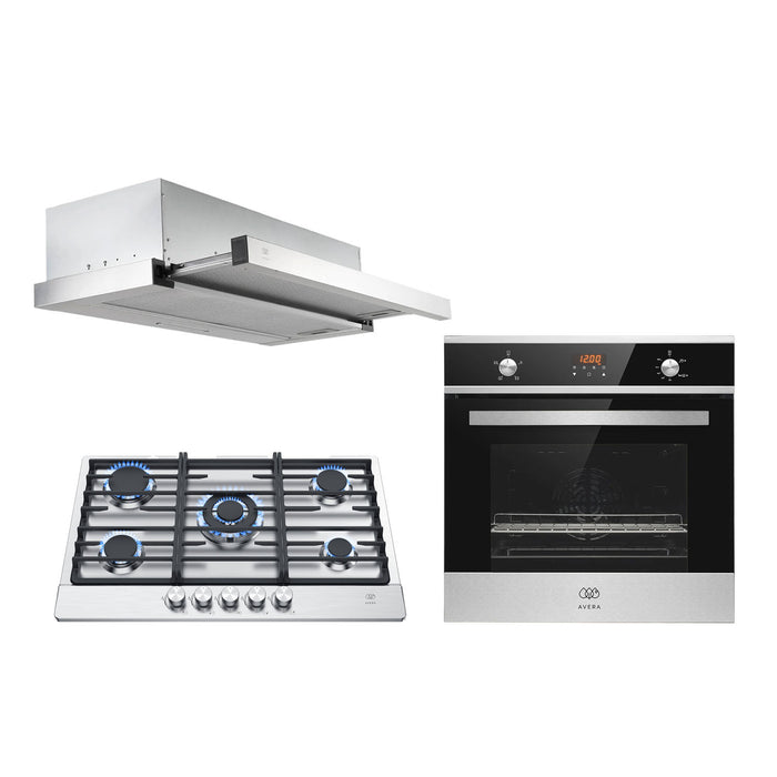 Tricombo Parrilla de gas 5 quemadores acero inoxidable 76 cm + Campana de pared extraible 80 cm + Horno gas LP 58 L