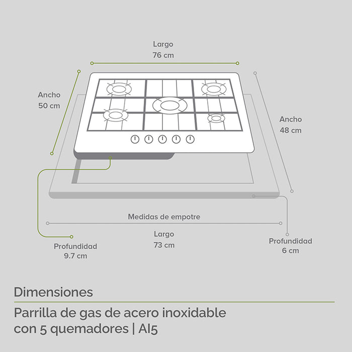 Parrilla de gas 5 quemadores + Campana pared acero inoxidable 80 cm