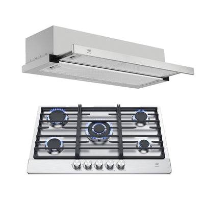 Combo Parrilla de gas 5 quemadores acero inoxidable 76 cm + Campana de pared extraible 80 cm
