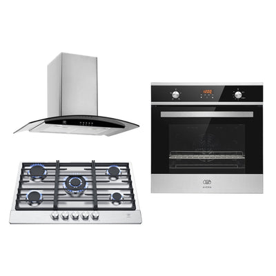 Tricombo Parrilla de gas 5 quemadores acero inoxidable 76 cm + Campana de pared curva 76 cm + Horno gas LP 58 L