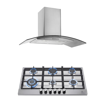 Combo Parrilla de gas 6 quemadores acero inoxidable 86 cm + Campana de pared curva 90 cm