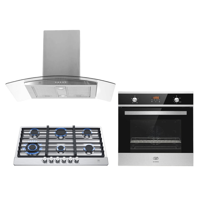 Tricombo Parrilla de gas 6 quemadores acero inoxidable 86 cm + Campana para isla curva 90 cm + Horno gas LP 58 L
