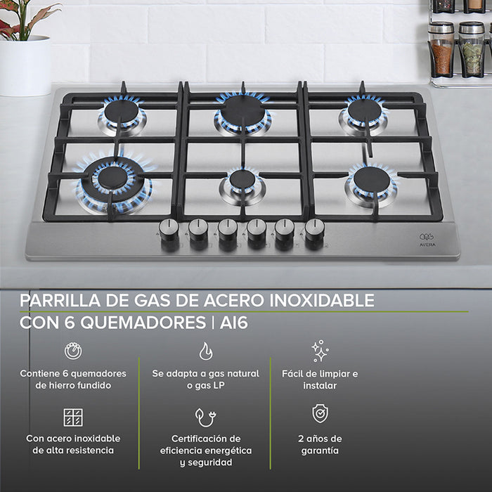 Parrilla de gas 6 quemadores + Campana pared de cristal templado y controles digitales 90 cm