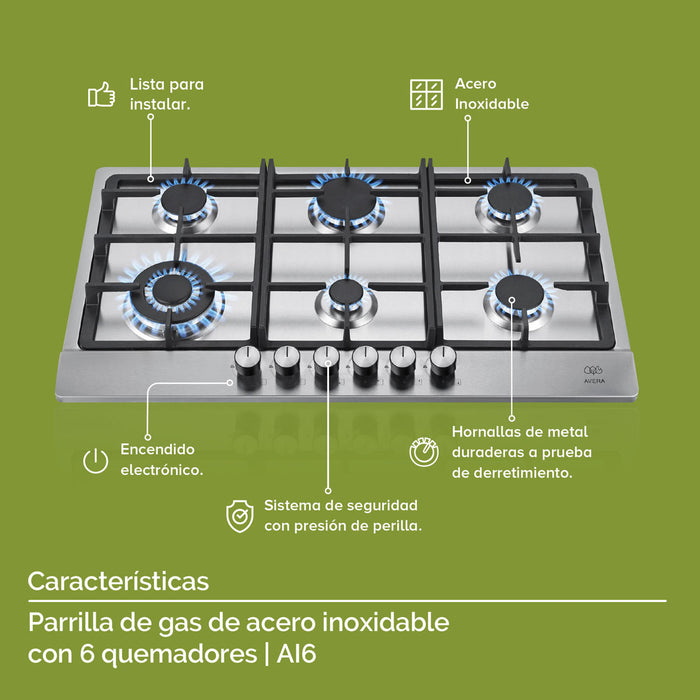 Combo Parrilla de gas 6 quemadores + Campana pared con cristal templado 90 cm