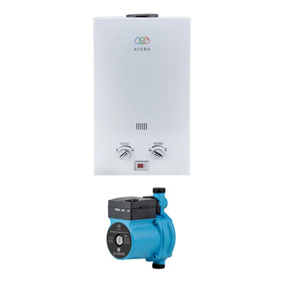 Combo Calentador instantáneo gas LP 16 L, 3.5 Servicios + Presurizador 72 L