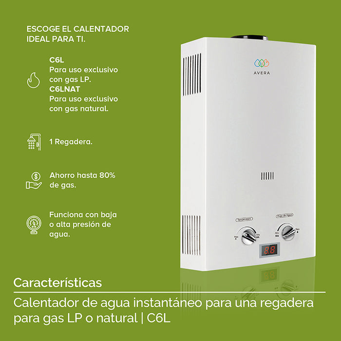 Calentador de agua instantáneo para gas LP 6 L