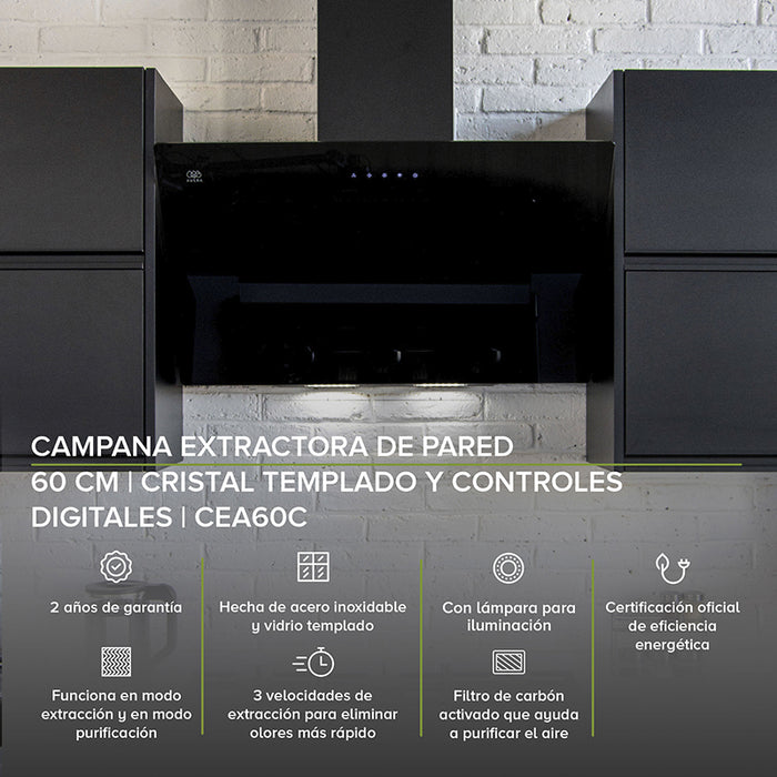 Parrilla de gas vidrio templado 4 quemadores + Campana pared cristal templado y controles digitales 60 cm + Horno eléctrico empotrable para gas natural