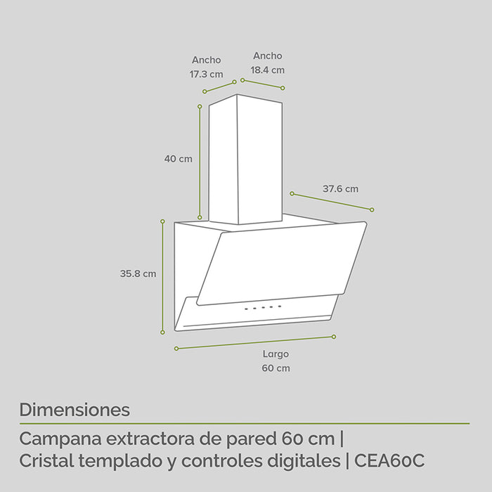 Campana extractora para cocina de pared en cristal templado y controles digitales 60 cm