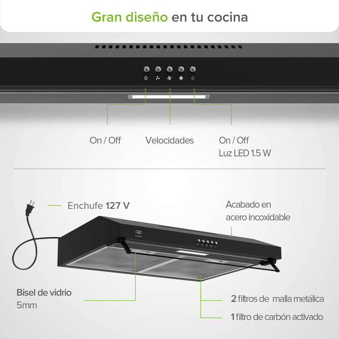 Combo Parrilla de gas Vidrio templado 4 quemadores + Campana de pared acero inoxidable 60 cm negro