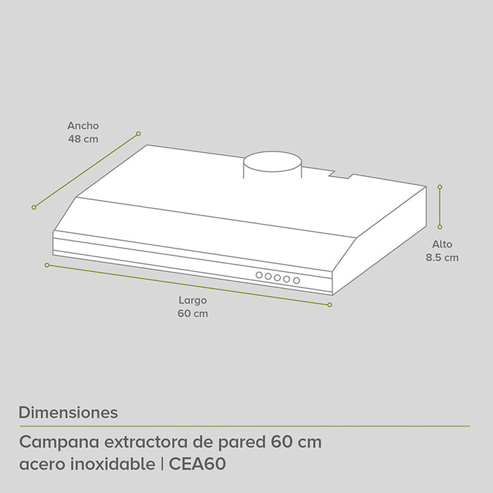 Campana extractora para cocina de pared en acero inoxidable 60 cm